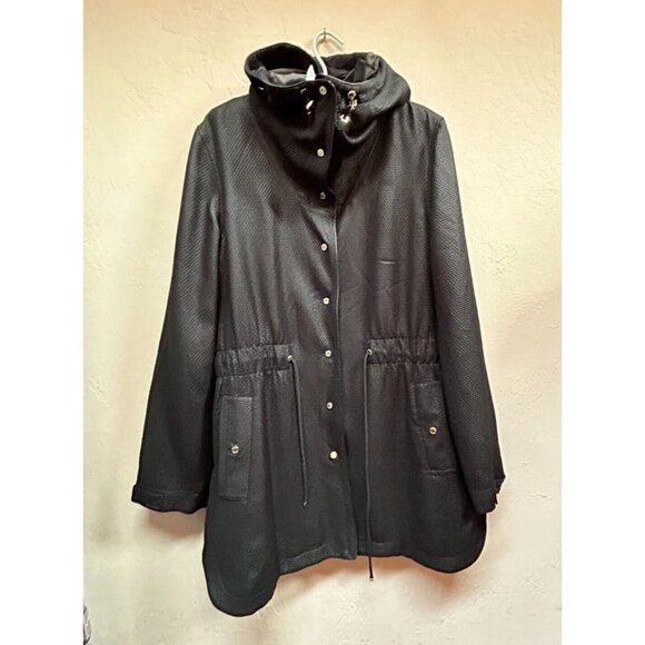 St. John Womens Hooded Parka Jacket Cinched Waist Snap Button M/L Pockets Black